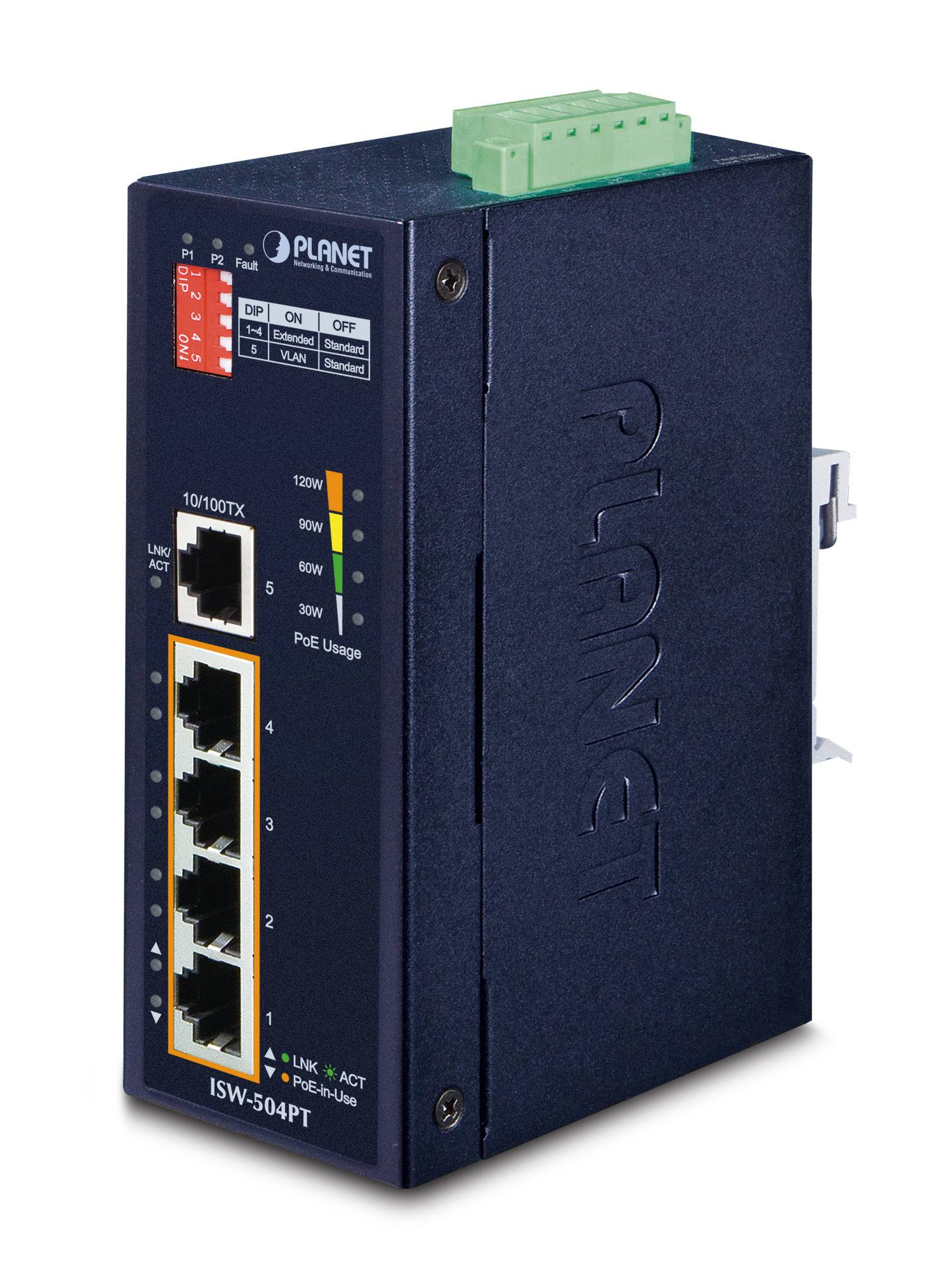 Schwarzer PLANET industrieller PoE-Netzwerk-Switch mit vier Ethernet-Anschlüssen, Status-LEDs und grünem Terminalstecker oben.