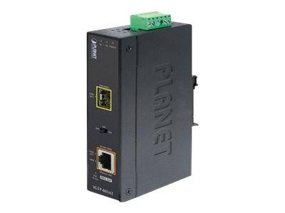 Schwarzes industrielles PLANET-Gerätemodule mit Ethernet- und RJ45-Anschlüssen und einem grünen Anschlussblock oben, gezeigt auf weißem Hintergrund.