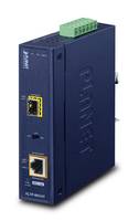 Blauer industrieller Netzwerkschalter mit Ethernet-Anschlüssen und grünem Terminalblock oben, vor weißem Hintergrund gezeigt.
