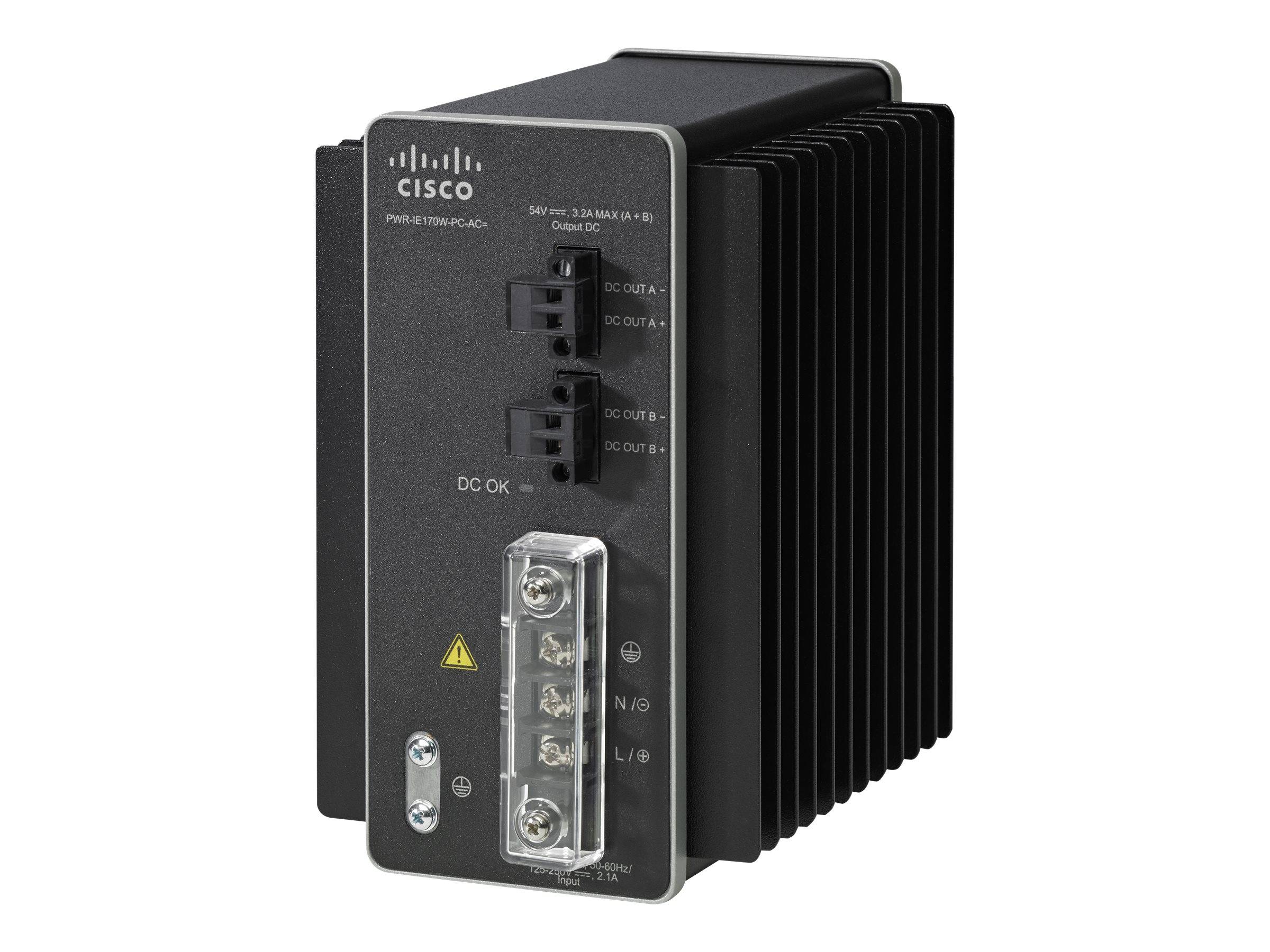 Nahaufnahme eines industriellen Stromversorgungsmoduls von Cisco mit schwarzen Kühlrippen, vorderen DC-Ein-/Ausgangssteckern und Statusanzeigen.