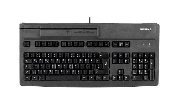 Draufsicht einer schwarzen CHERRY-Computertastatur mit Vollgröße-Layout, Funktionstasten, Pfeiltasten und numerischer Tastatur auf weißem Hintergrund.