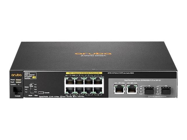 HPE Aruba 2530-8-PoE+ Internal Power Supply - Switch - managed - 8 x 10/100 (PoE+) + 2 x Combo Gigabit Ethernet/Gigabit SFP - Desktop, an Rack