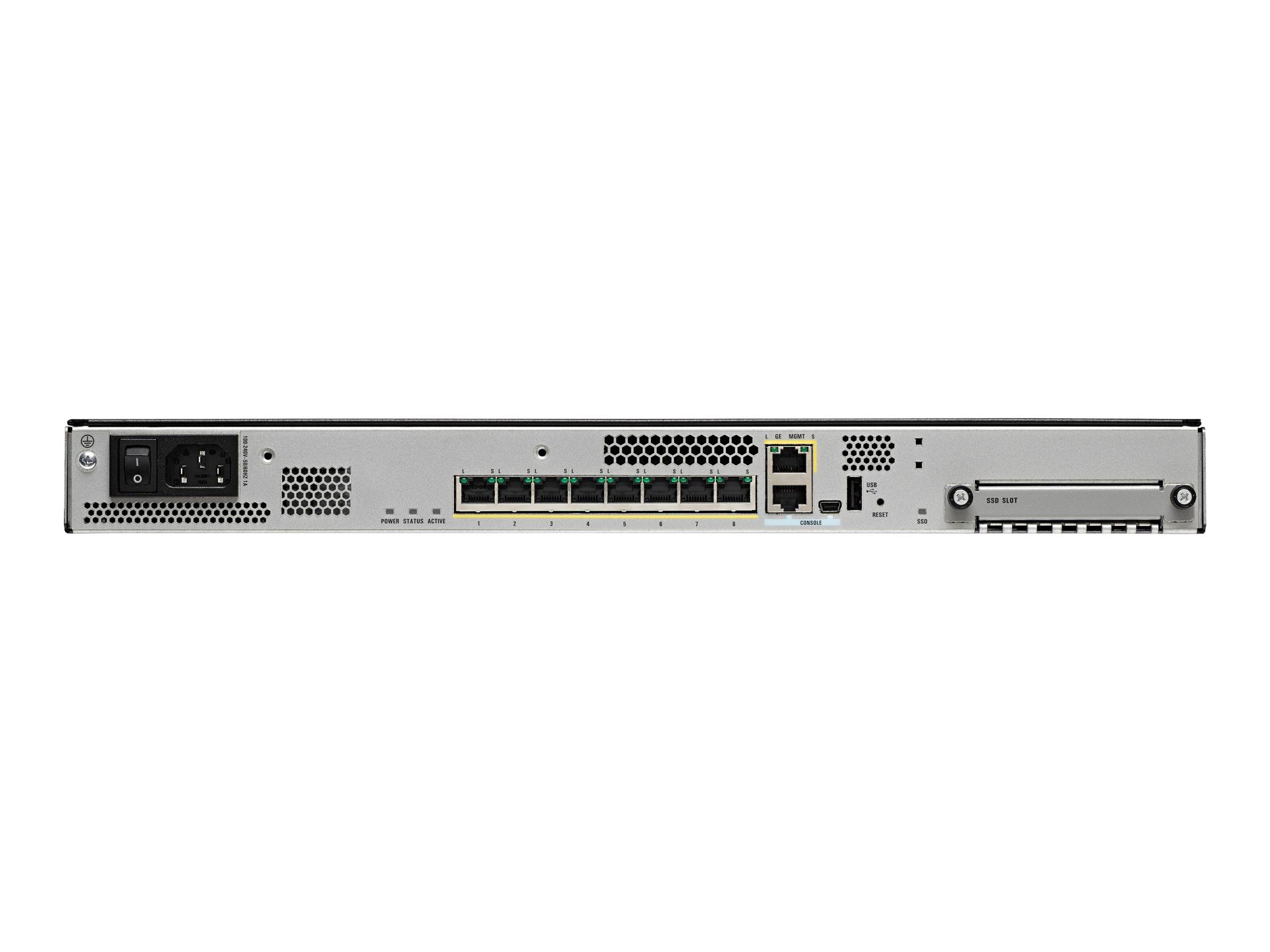 Rückansicht eines Netzwerk-Switches/Geräts mit Stromeingang, acht Ethernet-Anschlüssen, zwei Uplink-Ports und einem austauschbaren Modulschacht.