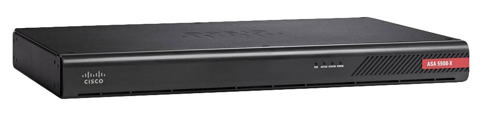 Schwarze Cisco ASA 5508-X Netzwerksicherheitsappliance in Vorderansicht mit vorderen Statusleuchten und rotem Modellschild.