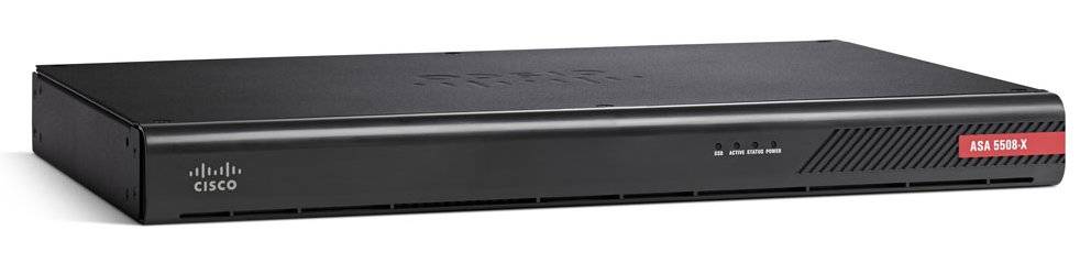 Schwarzes Cisco ASA 5585-X Netzwerksicherheitsgerät Vorderansicht auf weißem Hintergrund, mit Statusleuchten und rotem Modellschild.