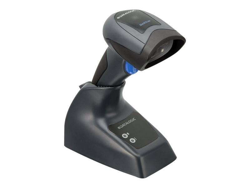 Ein tragbarer Barcode-Scanner, der in einer Ladeschale sitzt, auf weißem Hintergrund dargestellt.