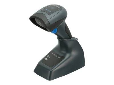 Tragbarer Barcode-Scanner in einer Ladestation auf weißem Hintergrund, angewinkelt, um den Scanner-Kopf und die Basis zu zeigen.