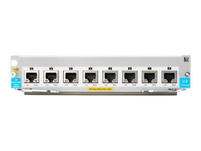 Vorderansicht eines 8-Port-Netzwerk-Switches mit nummerierten Ethernet-Ports und Statusbezeichnungen auf weißem Hintergrund.