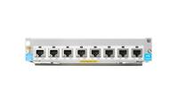 Vorderansicht eines 8-Port-Ethernet-Netzwerk-Switches mit Statusleuchten und beschrifteten Anschlüssen auf weißem Hintergrund.