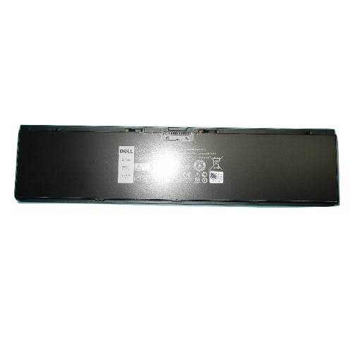 Schwarzer Dell-Laptop-Akku von hinten mit sichtbaren Beschriftungen und Stecker auf weißem Hintergrund.