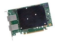 Eine Computer-Erweiterungsgrafikkarte mit einem großen schwarzen Kühlkörper und Metallportklemmen auf der linken Seite.