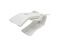 Weißes verstellbares Metallmontagebracket mit zwei Schraubenlöchern, gezeigt auf weißem Hintergrund.