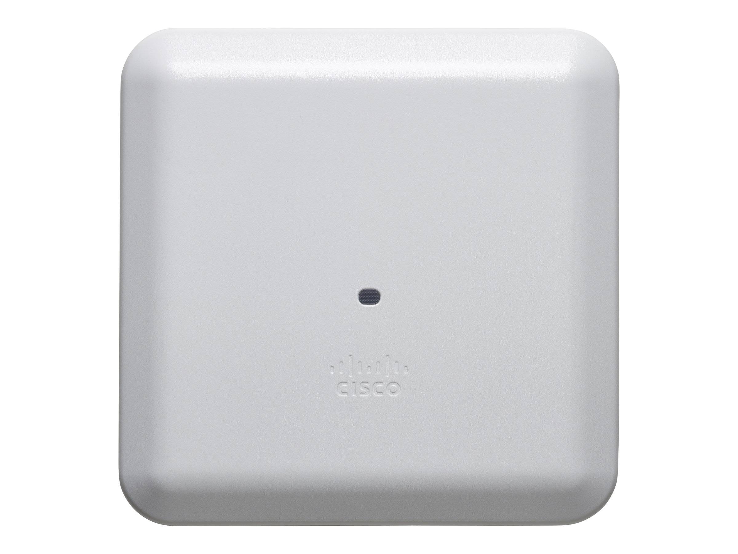 Frontansicht eines quadratischen Cisco-WLAN-Zugangspunkts, hellgrau mit einer kleinen Anzeigelampe und zentriertem Cisco-Logo auf der Vorderseite.