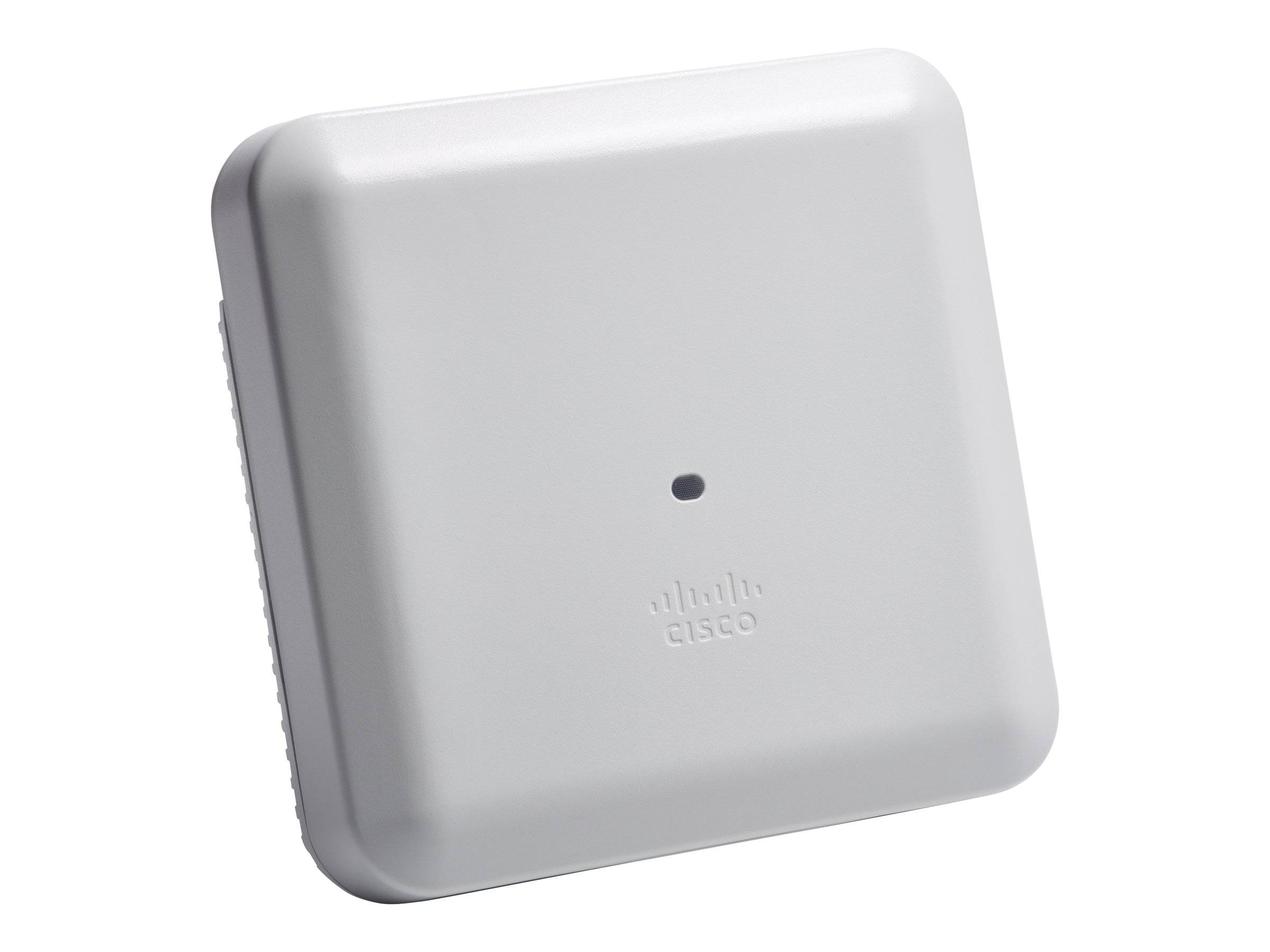 Weiß/schwarzer Cisco Wireless Access Point an der Wand montiert, in einer detaillierten Produktansicht dargestellt.