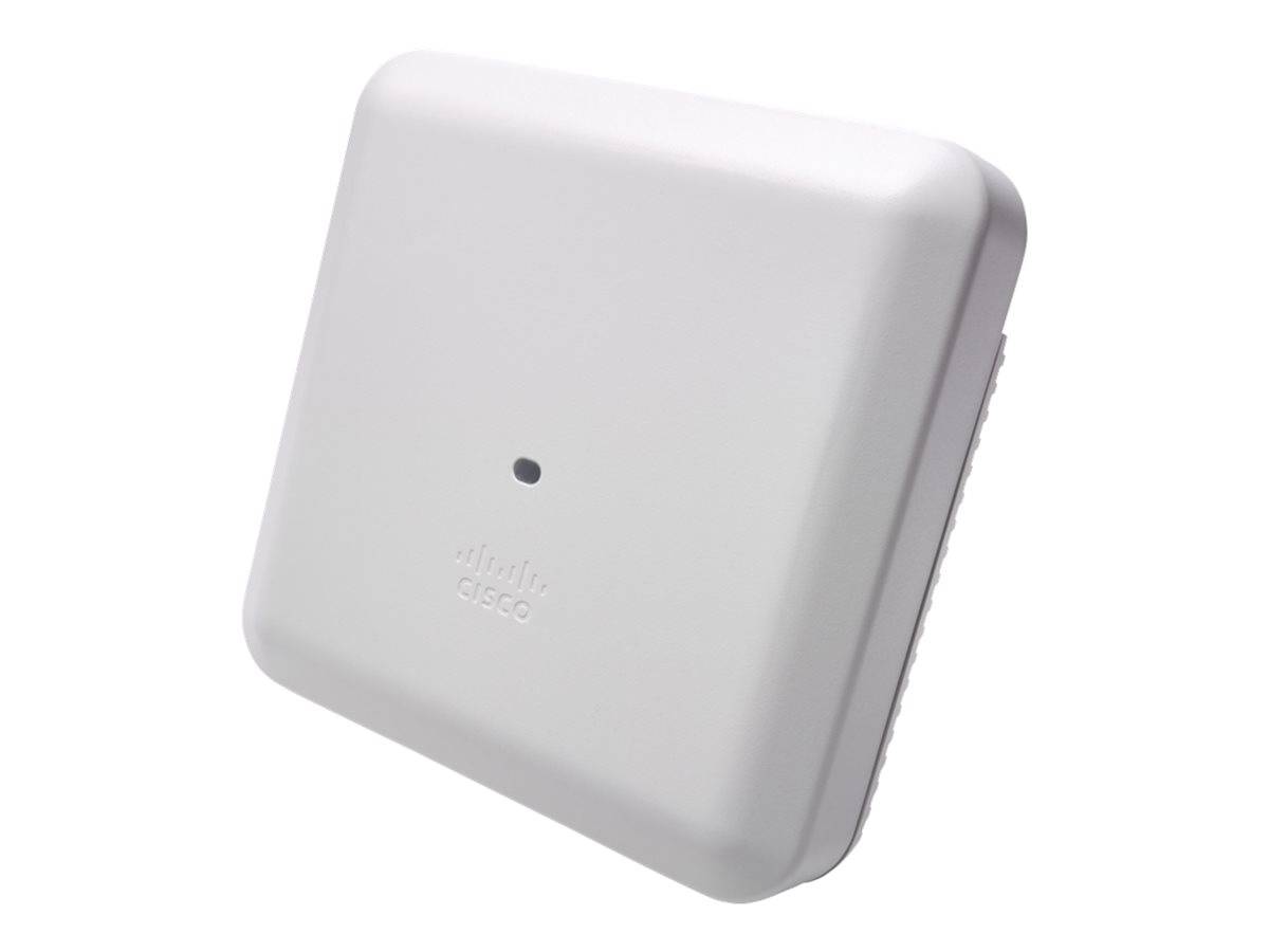 Weißer Cisco-Wandmontage-WLAN-Zugriffspunkt oder Netzwerkgerät auf einfachem Hintergrund, mit kleiner Anzeigelampe und Cisco-Logo.