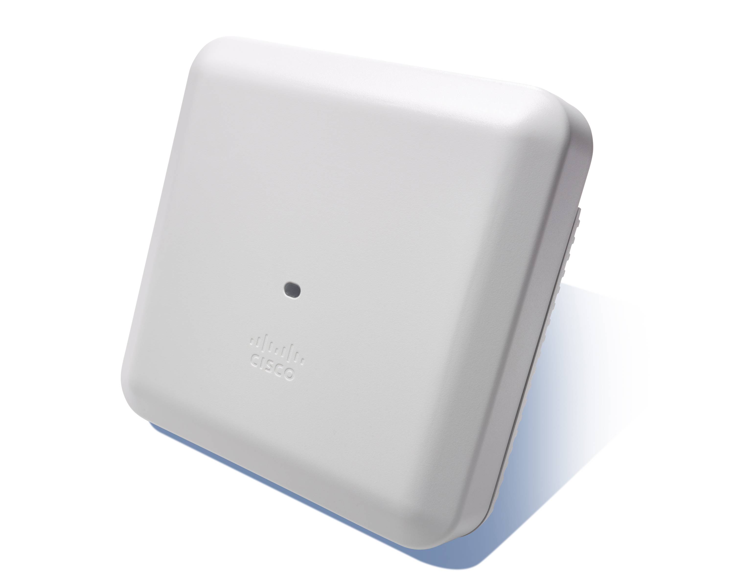 Weißer an der Wand montierter Cisco-Zugangspunkt mit einer kleinen Statusleuchte an der Vorderseite.