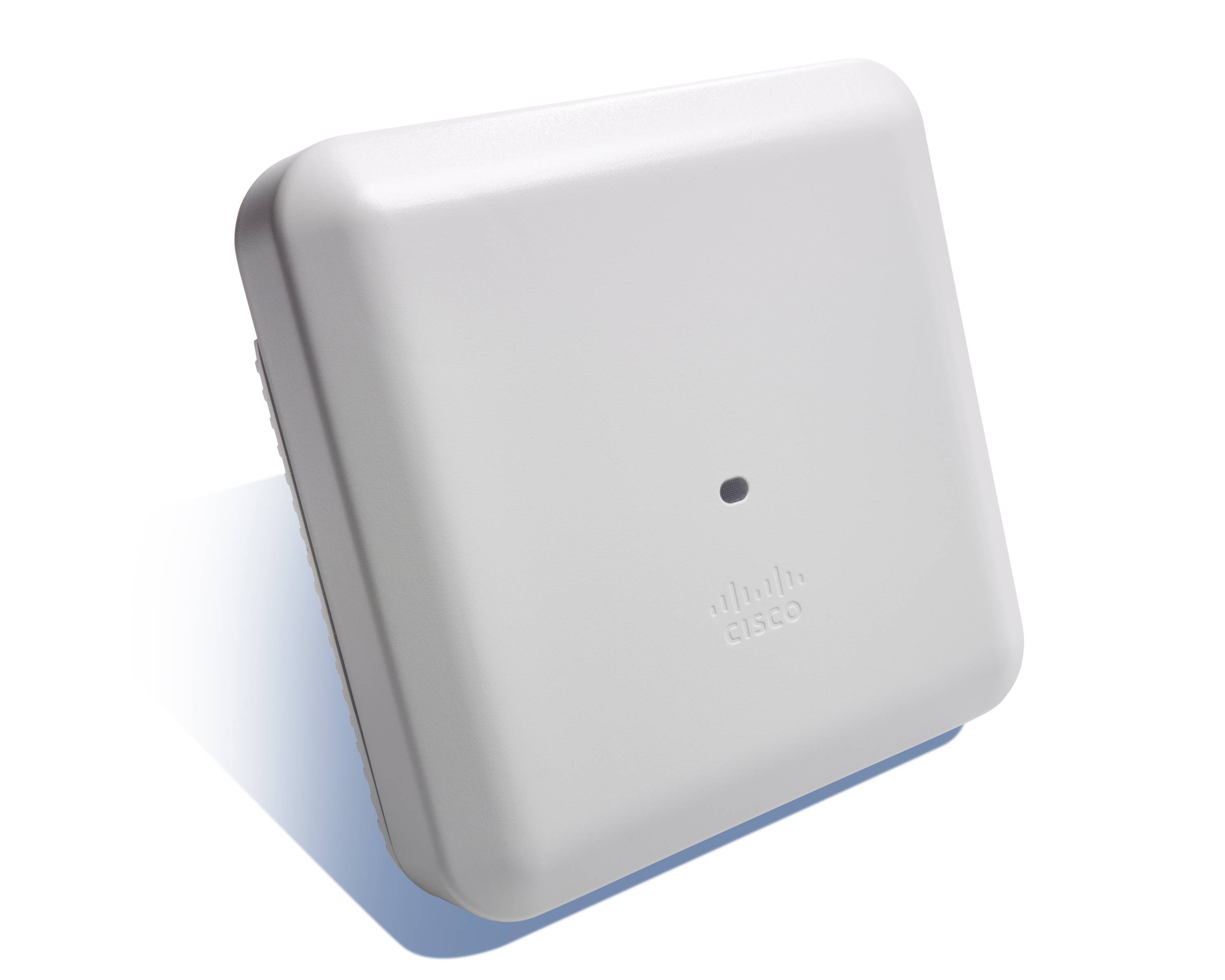 Weißer wandmontierter Cisco-Wireless-Zugriffspunkt mit einer kleinen Statusanzeigeleuchte und subtlem Logo auf der Vorderseite.