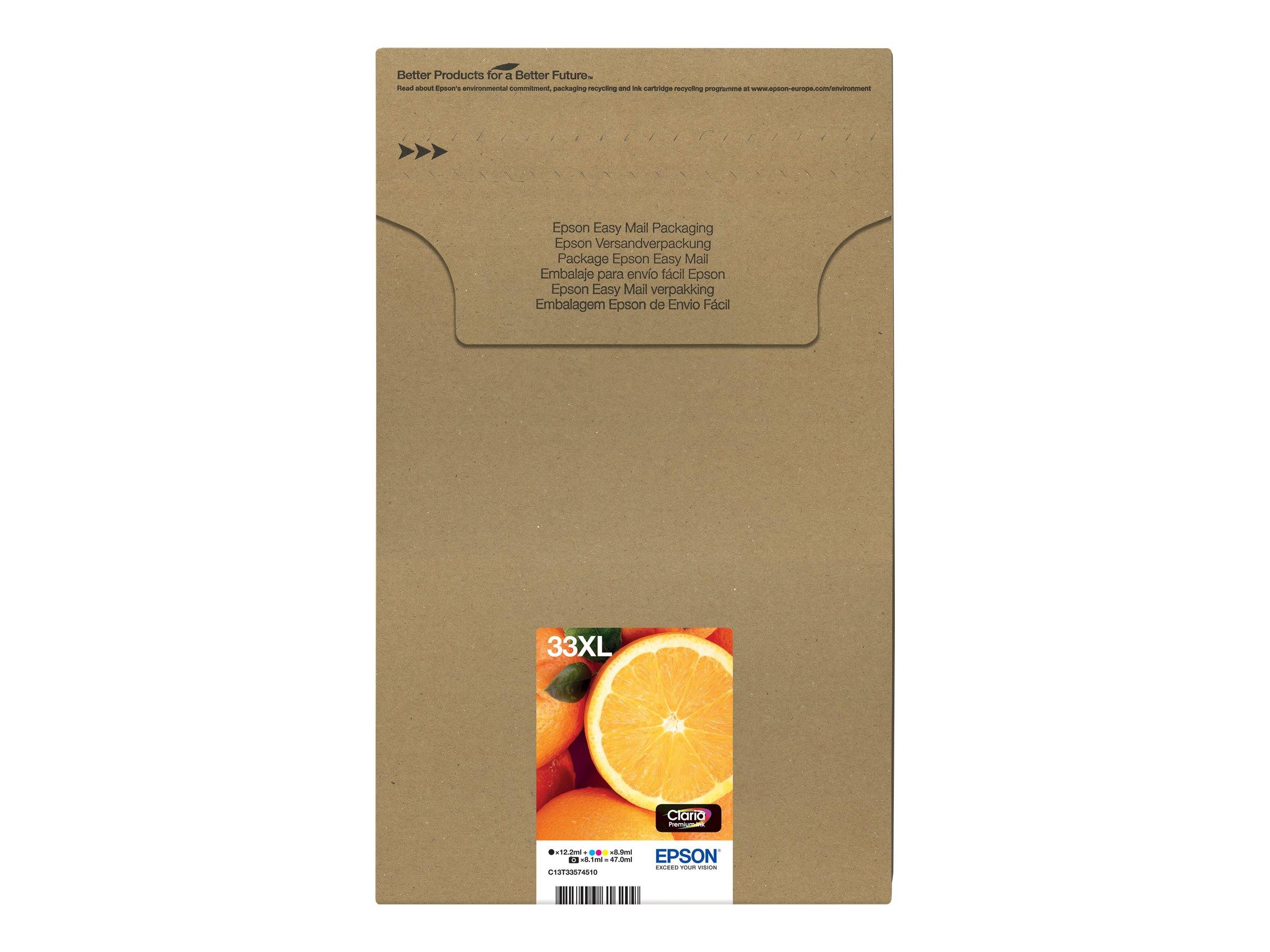 Braune Epson-Druckertinte-Verpackung mit einem kleinen orangefarbenen Fruchtaufkleber, gekennzeichnet mit 33XL und Epson.