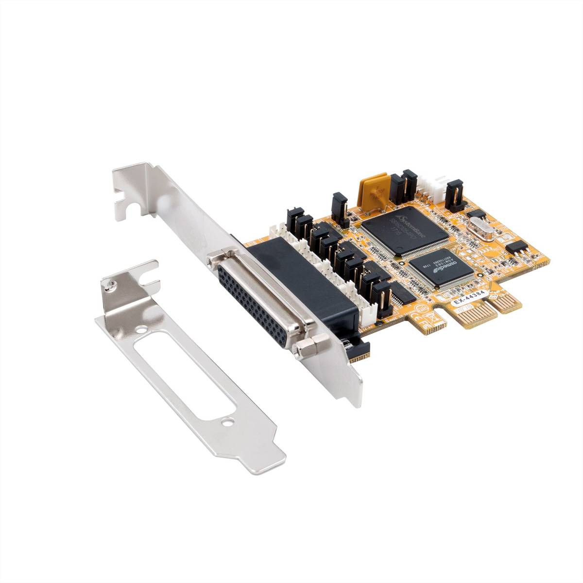 PCI-Erweiterungskarte mit Metallhalterung und Anschluss auf weißem Hintergrund, dargestellt mit separatorem Low-Profile-Halterungszubehör.