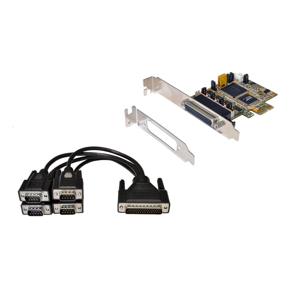 PCI-Serienerweiterungskarte mit zwei Metallbügeln und einem Breakout-Kabel zu vier DB9-Seriellen Anschlüssen