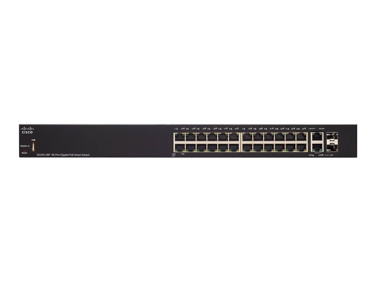 Vorderansicht eines Cisco-Netzwerk-Switches mit mehreren Ethernet-Anschlüssen und Statusleuchten auf einer schwarzen Rack-Mount-Blende.