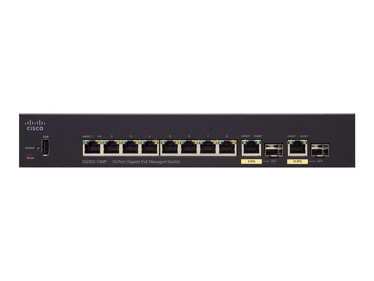 Frontansicht eines Cisco 10-Port-Gigabit-PoE-verwalteten Netzwerk-Switches mit mehreren Ethernet-Anschlüssen, zwei Uplink-Ports und Status-LEDs.