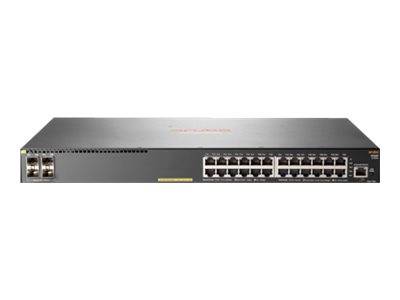 Frontansicht eines in einem Rack montierten Ethernet-Netzwerk-Switches mit mehreren RJ45-Anschlüssen und zwei Uplink-Anschlüssen auf einfachem weißem Hintergrund.