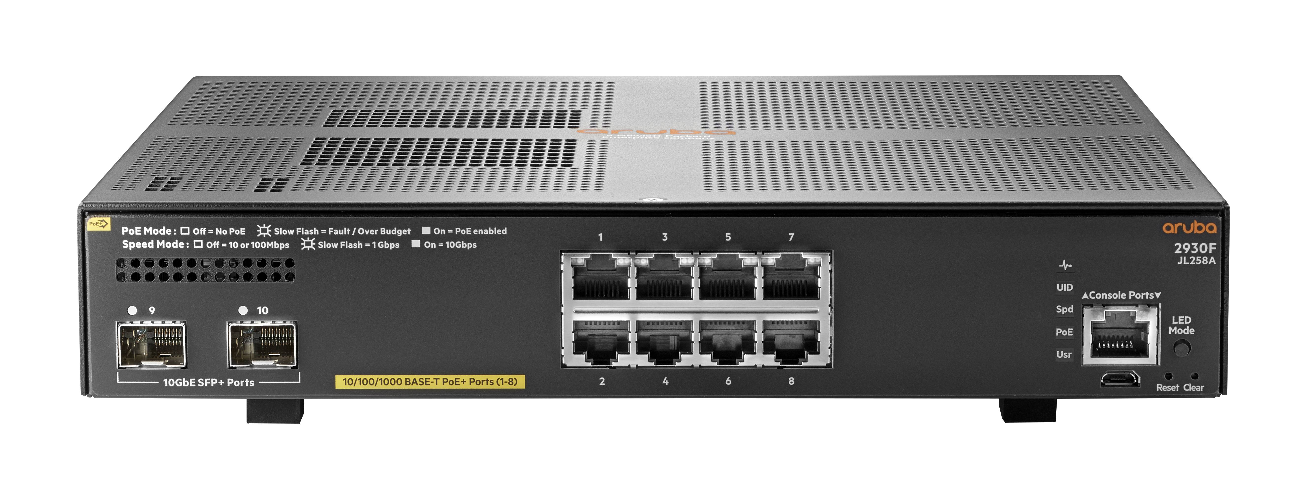 Frontansicht eines Aruba 2530 Series Netzwerk-Switches mit mehreren Ethernet-Anschlüssen, einem kleinen Front-Display und Verwaltungs- sowie Statusindikatoren auf einem Rack-Mount-Gehäuse.