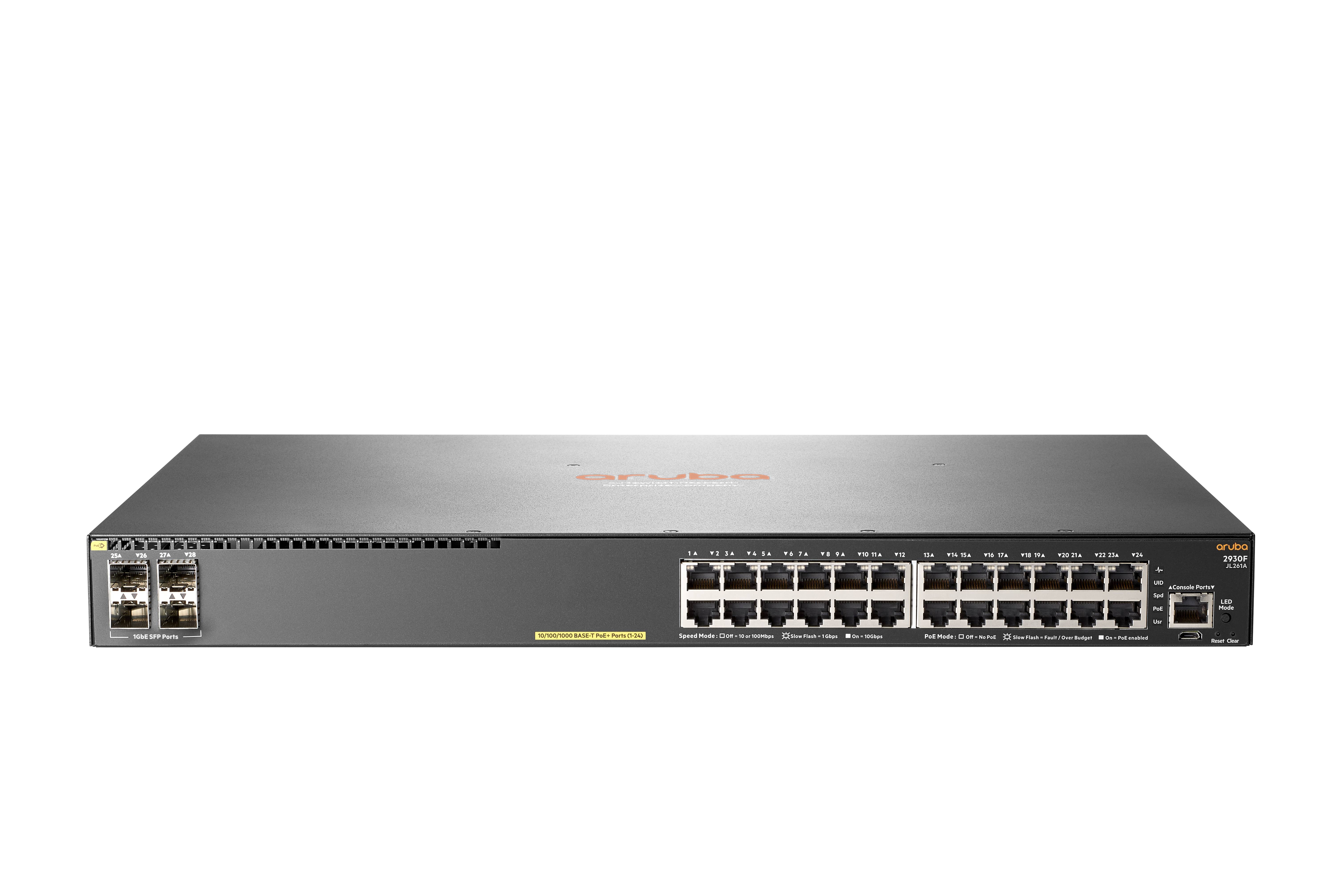 Vorderansicht eines 24-Port-Ethernet-Netzwerkschalters mit zwei gestapelten Ports auf der linken Seite und einem einzelnen Uplink-Port auf der rechten Seite auf weißem Hintergrund
