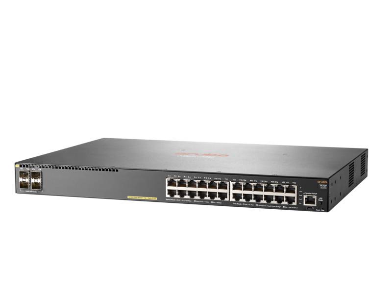 Vorderansicht eines 24-Port-Ethernet-Netzwerk-Switches mit SFP-Ports und Stromversorgungs-/Eingängen auf weißem Hintergrund.