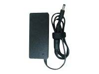 Ein schwarzes Laptop-Ladegerät mit angeschlossenem Netzkabel, aufgewickelt und mit einem Klettband befestigt.