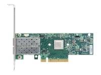 PCIe-Netzwerkadapterkarte mit doppelt gestapelten Anschlüssen und Metallhalterung auf weißem Hintergrund.