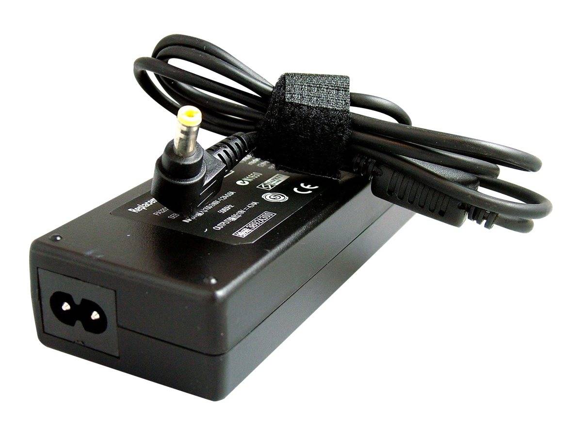 Ein schwarzer Laptop-Stromadapter mit Kabel und gelbem Stecker, mit verschiedenen technischen Spezifikationen auf dem Etikett.