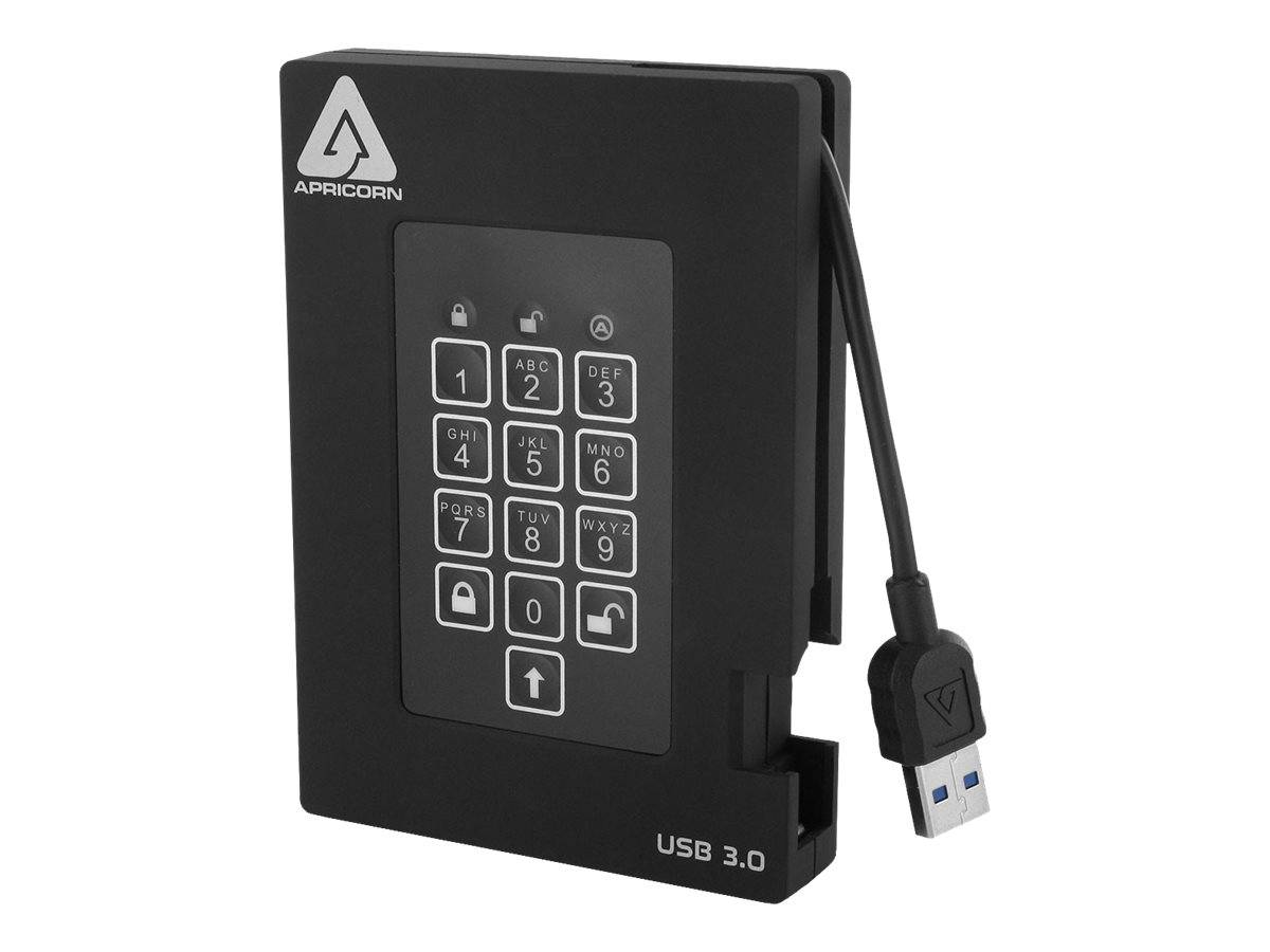 Externe Festplatte Black Apricorn USB 3.0 mit Tastenfeld-Sperre und angebrachtem USB-Kabel, dargestellt auf weißem Hintergrund