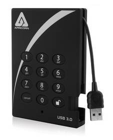 Apricorn USB 3.0 externe Festplatte mit integrierter Tastatur und Sperrsymbol für Passwortzugriff.