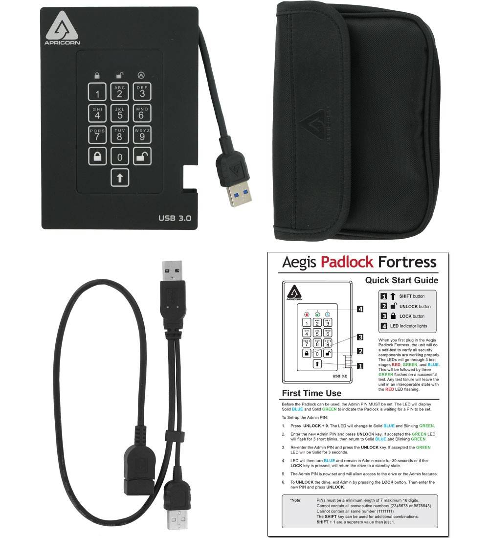 Aegis Padlock Fortress USB 3.0 verschlüsseltes externes Laufwerk-Set mit Tastaturschloss, Schutztasche, USB-Kabel und Schnellstartanleitung.