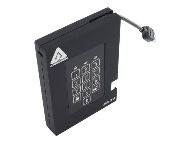 Schwarze tragbare Sperrkassette mit Tastenfeld und USB-3.0-Anschluss, dargestellt mit angeschlossenem Kabel.