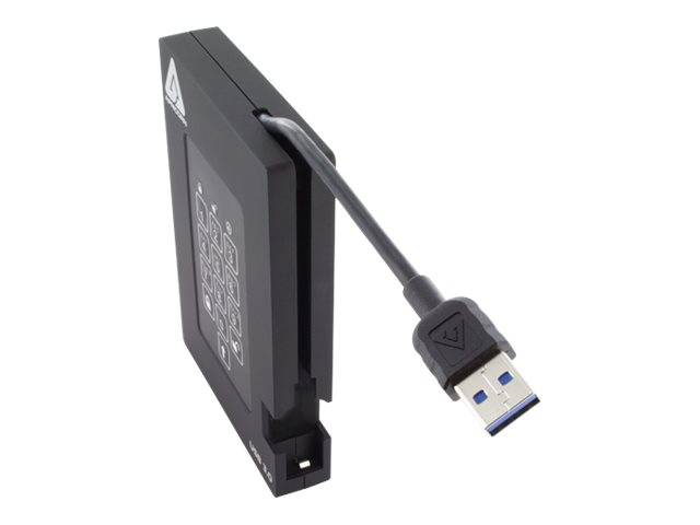 Schwarzes externes Festplattengehäuse mit angeschlossenem USB-3.0-Kabel, dargestellt auf weißem Hintergrund.