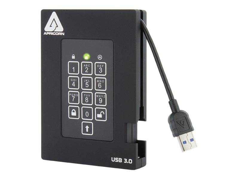 Apricorn USB 3.0 externes Laufwerksgehäuse mit integrierter numerischer Tastatur und angeschlossenem USB-Kabel.