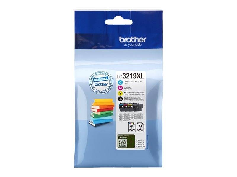 Brother LC3219XL original Tintenpatrone Multipack-Verpackung in Blau, mit Cyan-, Magenta-, Gelb- und Schwarztinten für Brother-Drucker.