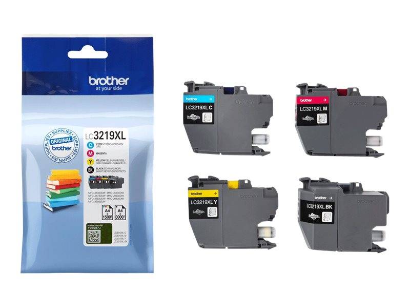 Brother LC3219XL Tintenpatronen-Set mit vier Patronen: Cyan, Magenta, Gelb und Schwarz.
