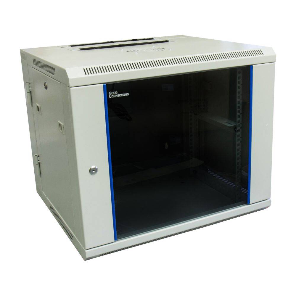 Good Connections® 19" Wandgehäuse, 9HE, lichtgrau (RAL7035) Rückseite schwenkbar, 600x550 mm, fertig montiert