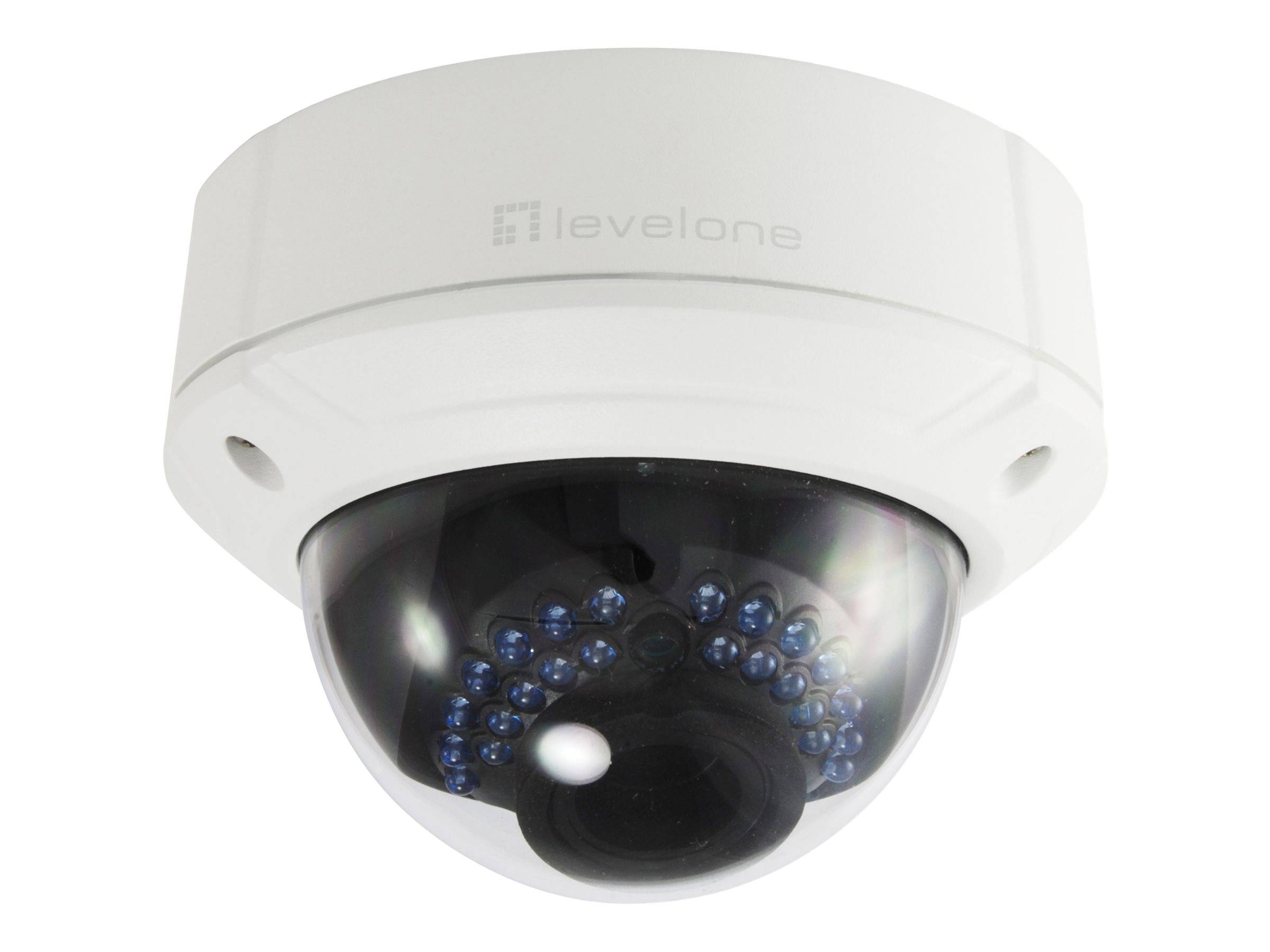Sicherheitskamera mit weißer Kuppel, schwarz getönter Linsenabdeckung und sichtbaren Infrarot-LEDs, Marke „levelone