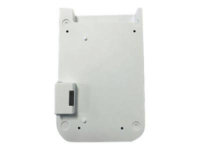Weiße Kunststoff-Wandmontage-Gehäuse mit abgerundeten Ecken und einer kleinen Seitenklemme oder einem Stecker auf der linken unteren Seite.