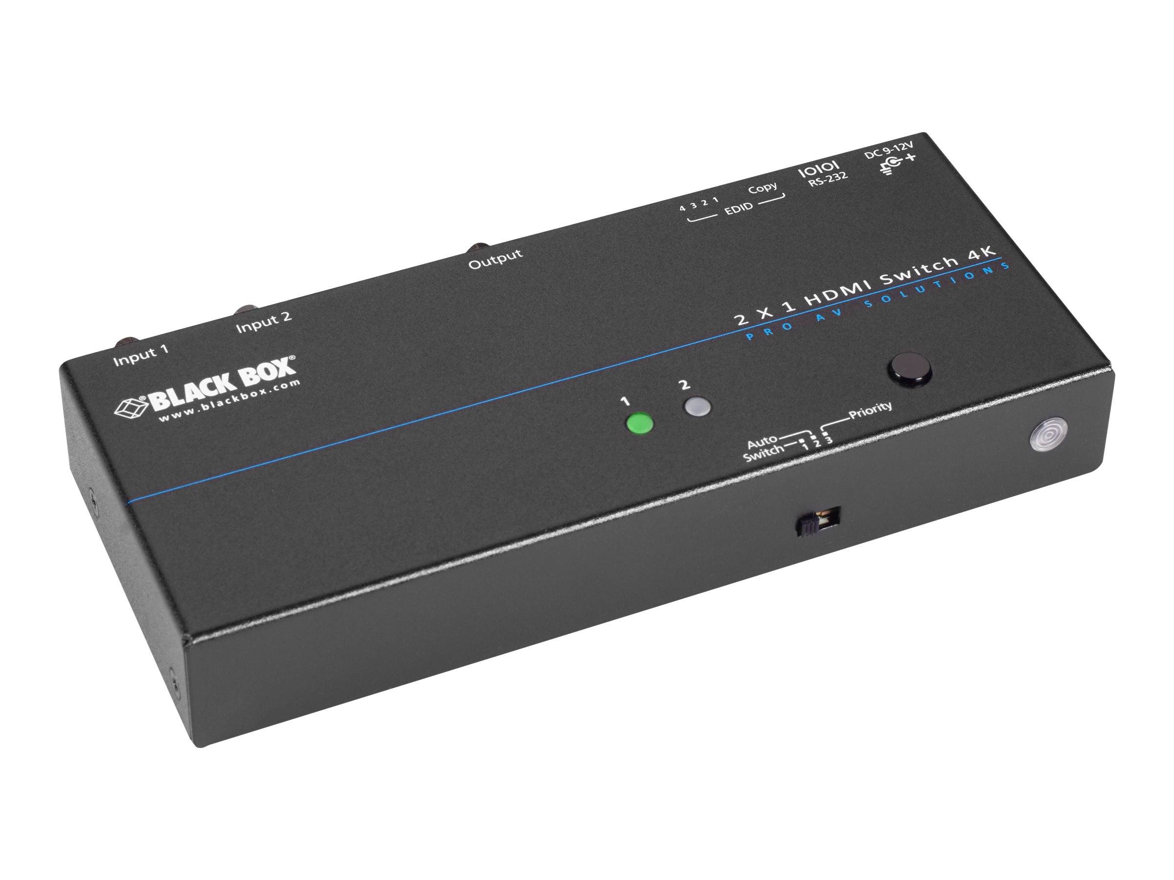 Black Box 2x1 HDMI 4K-Umschalter mit Eingang 1, Eingang 2, Ausgang und Modus-/Ein-/Ausschalttasten.