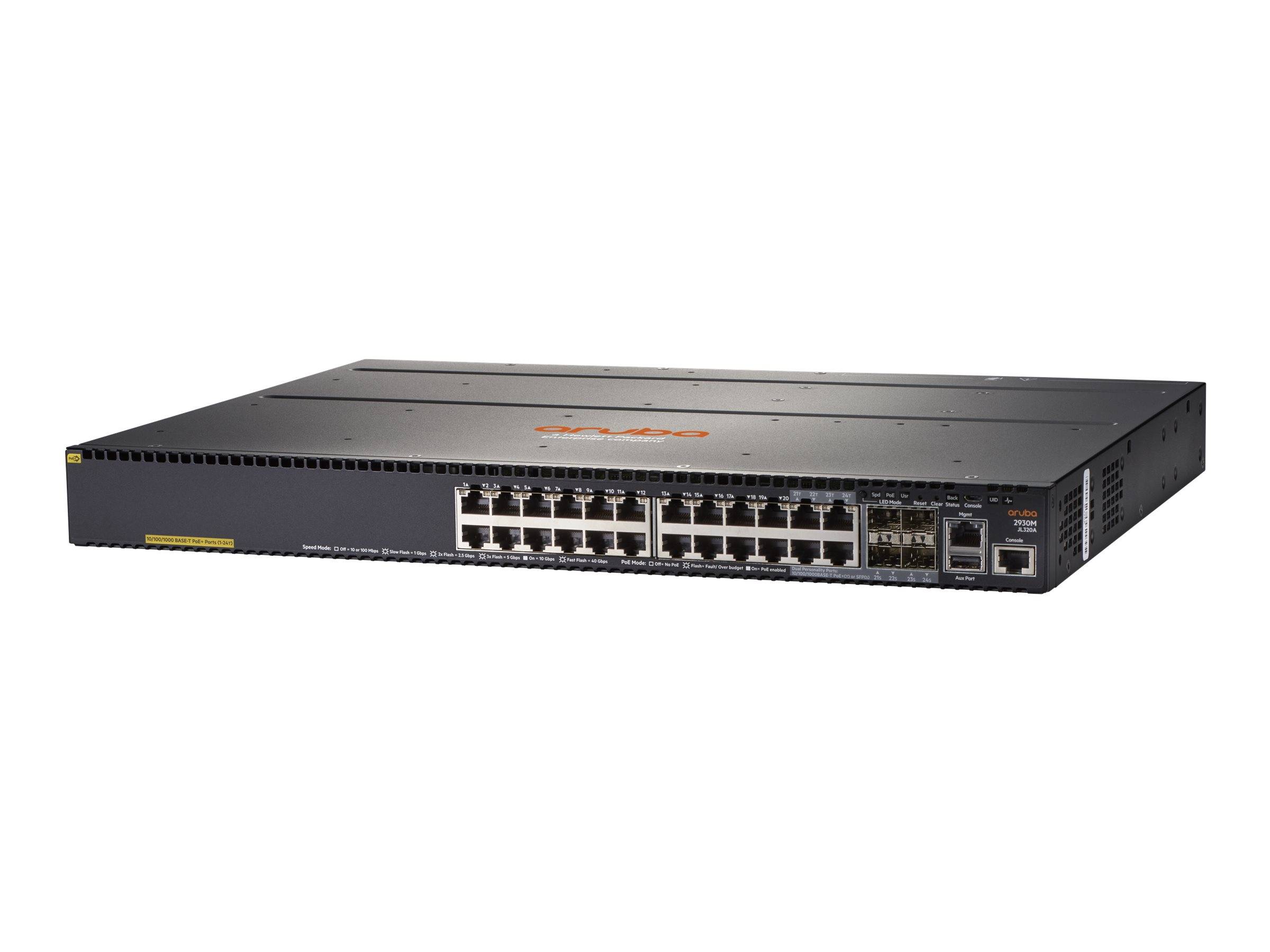 Vorderansicht eines 24-Port-Ethernet-Netzwerk-Switches mit zusätzlichen Uplink-Ports und Statusleuchten auf weißem Hintergrund.