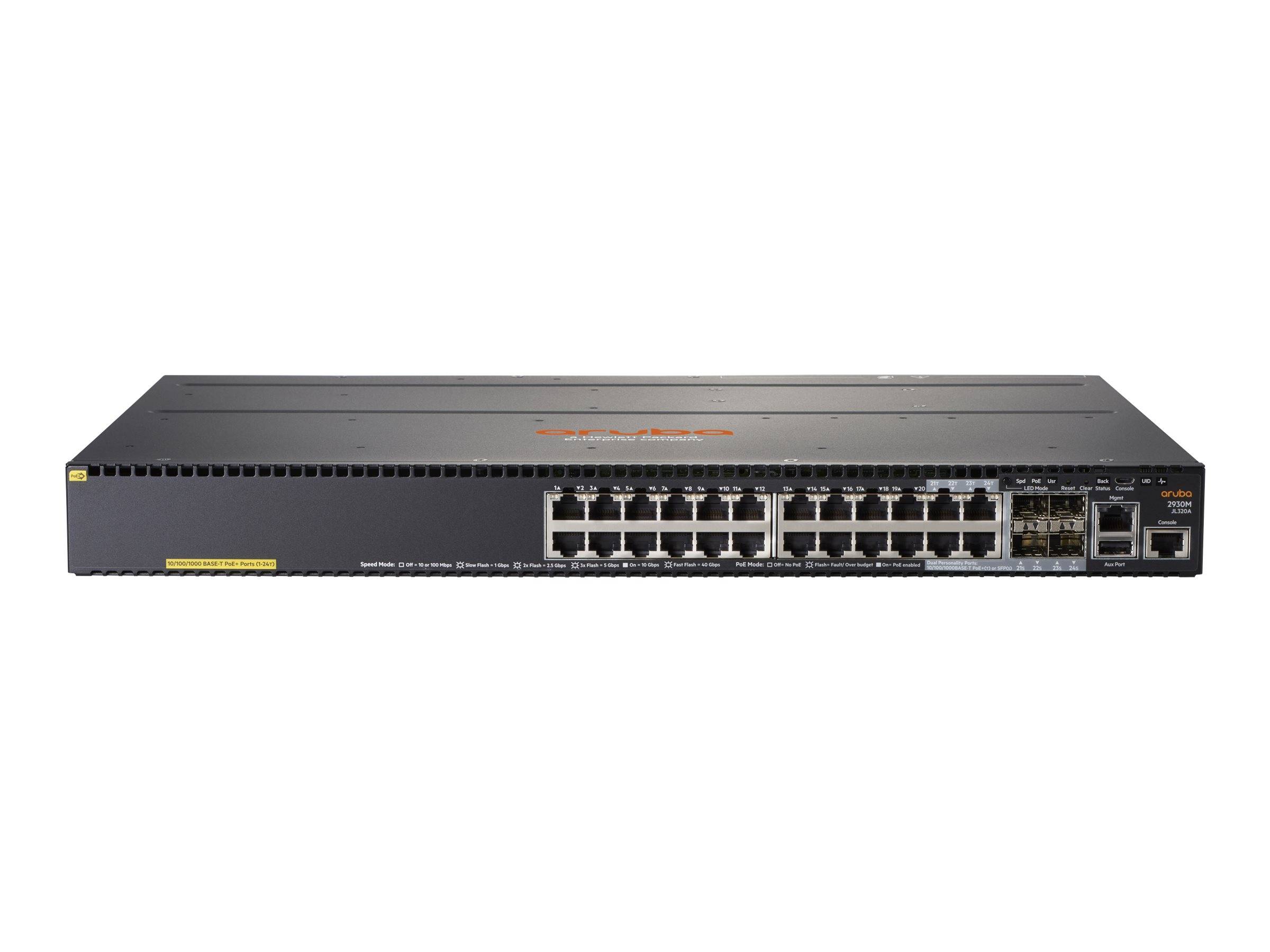 Frontansicht eines Netzwerk-Switches mit mehreren Ethernet-Ports und einigen Uplink-Steckplätzen auf weißem Hintergrund.