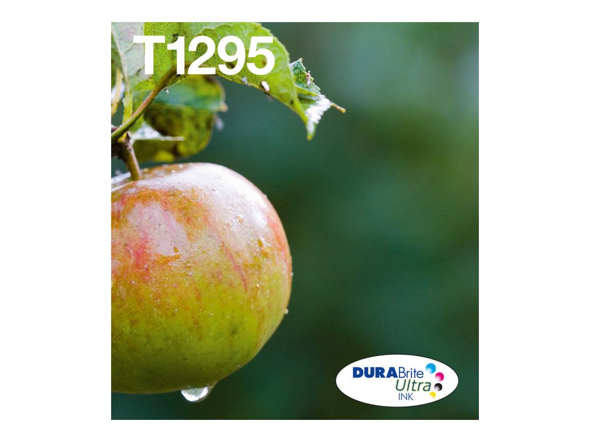 Nahaufnahme eines grünen und roten Apfels auf einem Ast mit dem Text „T1295" oben und einem Logo „DURABrite Ultra Ink"" unten rechts.