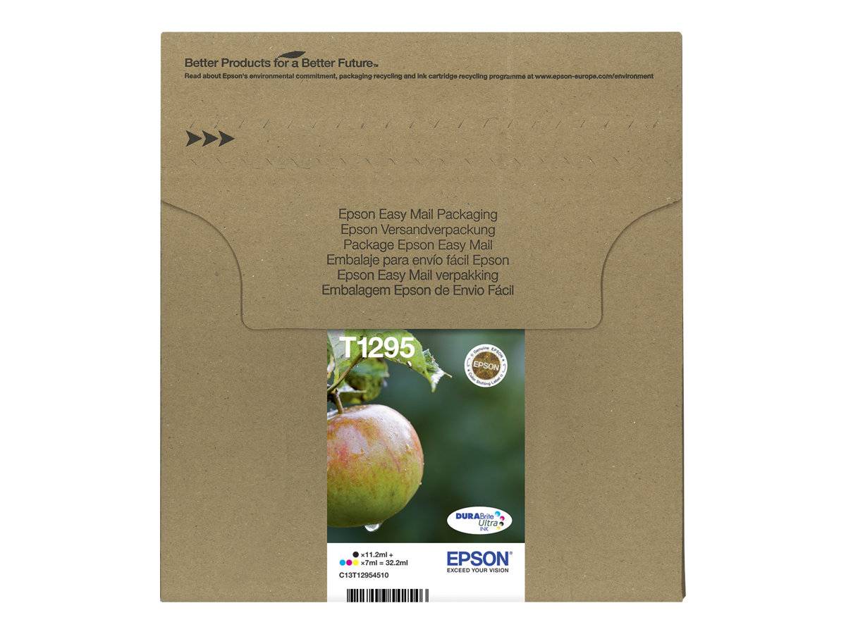 Epson Easy Mail Versandtasche für eine Tintenpatrone mit einem Produktetikett, das „T1295" und Epson-Branding zeigt.