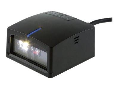 Ein schwarzer Barcode-Scanner mit rechteckiger Form, sichtbarem Frontscanningbereich und einem blauen Indikatorlicht oben, der für den Einzelhandel entwickelt wurde.